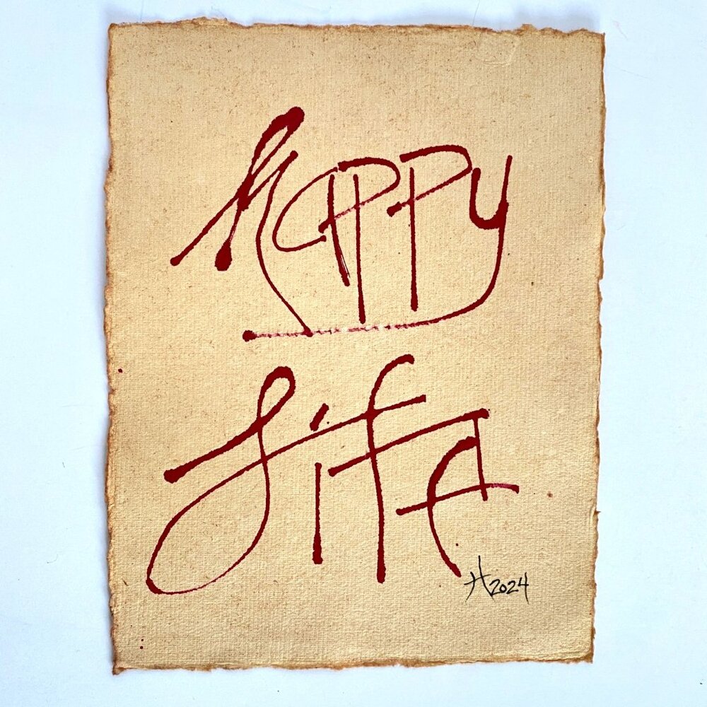 Happy Life Original Ink Calligraphy Wall Art Painting 8x10in Matted Frame Ready